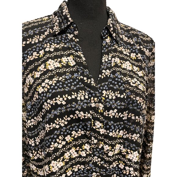 floral print lightweight long sleeve button front blouse split back - Picture 2 of 8